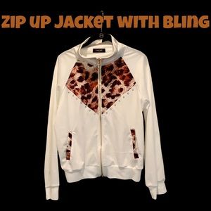 Zip up light jacket with leopard & bling